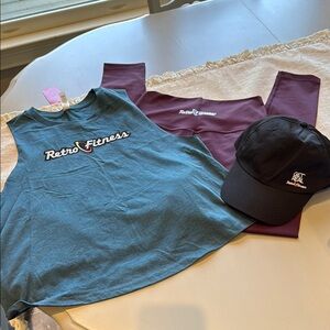 Retro Fitness Outfit Blue Muscle Tank Top Plum leggings and Black Cap
